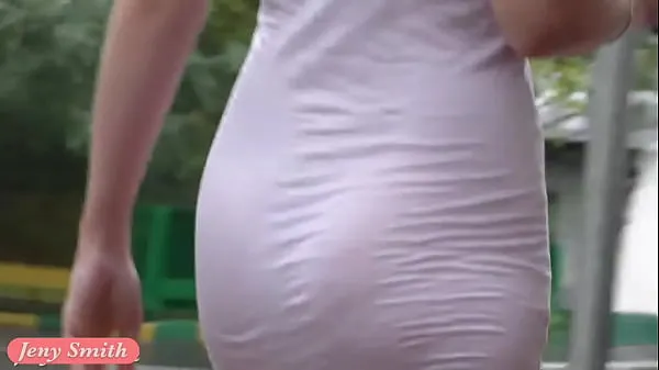 Stora Jeny Smith white see through mini dress in public nya videor