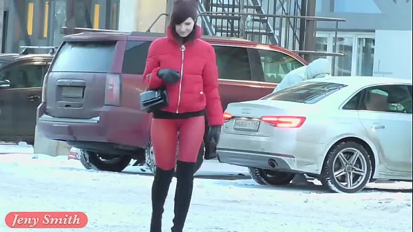 Nagy Red Tights. Jeny Smith public walking in tight seamless red pantyhose (no panties új videók