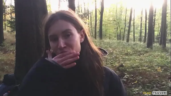 Young shy Russian girl gives a blowjob in a German forest and swallow sperm in POV (first homemade porn from family archive Video baru yang besar